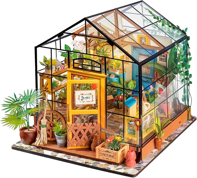 DIY Miniature House Kit Mini Green House Tiny Dollhouse Wooden Furniture Kit with LED Halloween